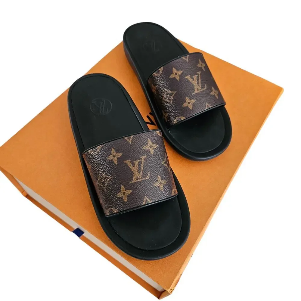Louis Vuitton Sunbath Flat Slide Sandal Size 40 US 10 Brown LV Monogram Rubber - Picture 2 of 8